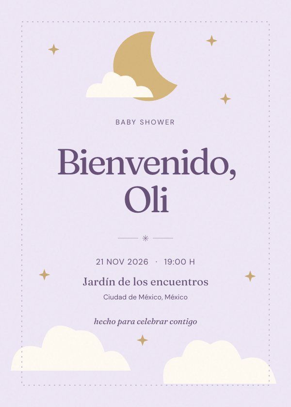 Invitación digital de baby shower «Un pequeño universo»: lunitas, nubes y la espera más bonita.