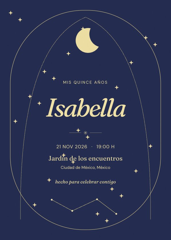 Invitación digital de 15 años «Escrito en las estrellas»: una noche azul para brillar con luz propia.