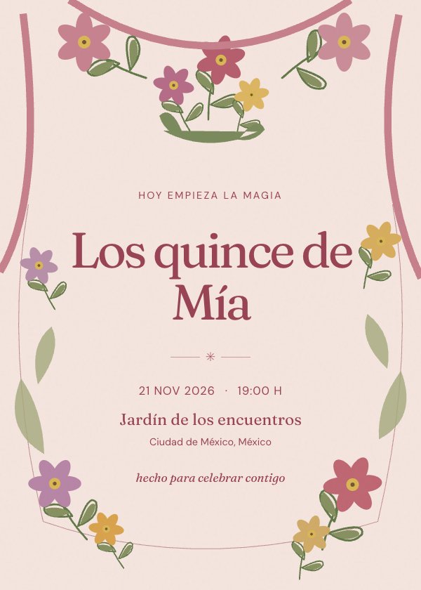 Invitación digital de 15 años «Flores para ti»: un jardín rosa, tan único como tu momento.