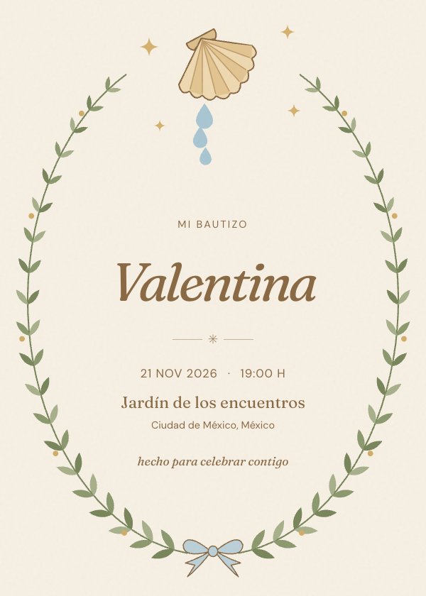 Invitación digital de bautizo «Agua y luz»: una concha, gotas de agua y una corona de hojas.