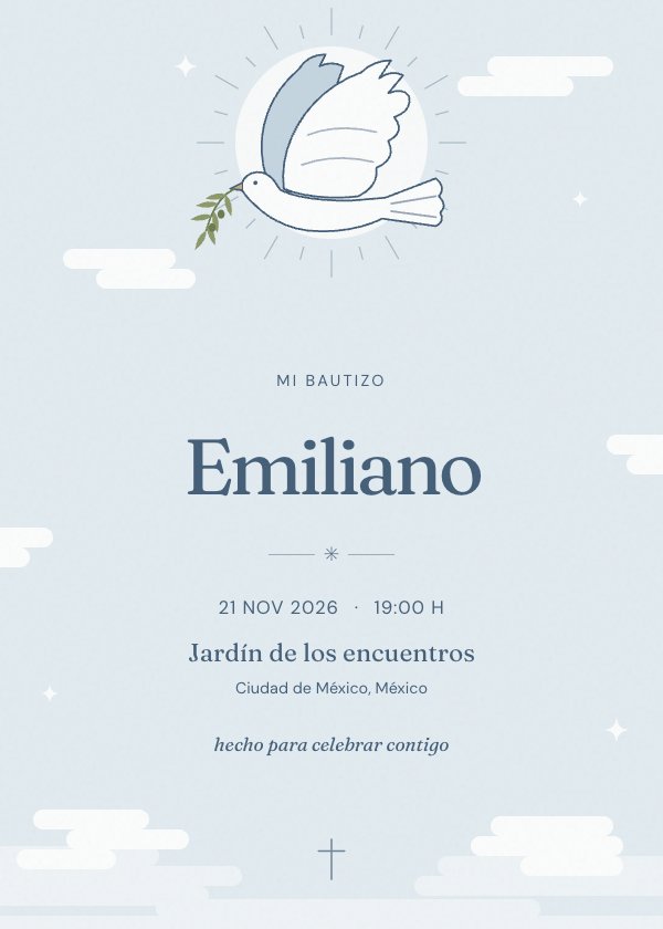 Invitación digital de bautizo «Paloma de paz»: una paloma, una rama de olivo y un cielo en calma.