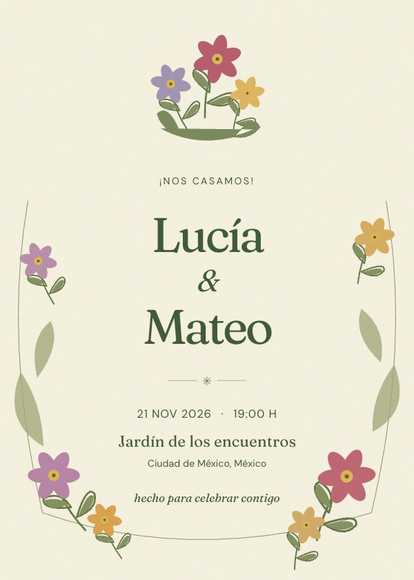 Invitación digital de boda «Jardín de los sueños»: flores silvestres, papel cálido y un amor que florece.