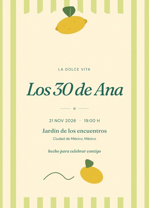 Invitación digital de cumpleaños «La dolce fiesta»: limones, sobremesa y ganas de brindar.