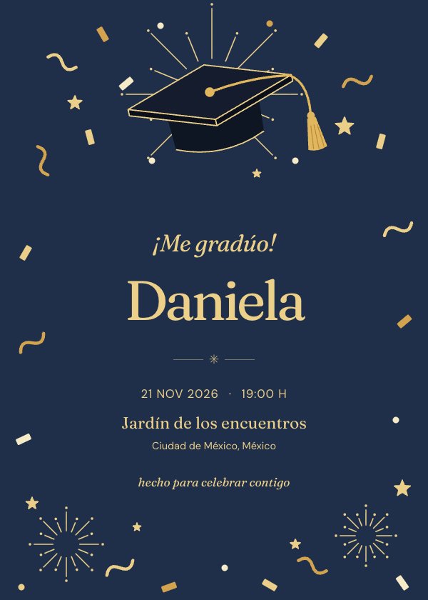 Invitación digital de graduación «Lo logré»: un birrete al aire, estrellas y confeti dorado.