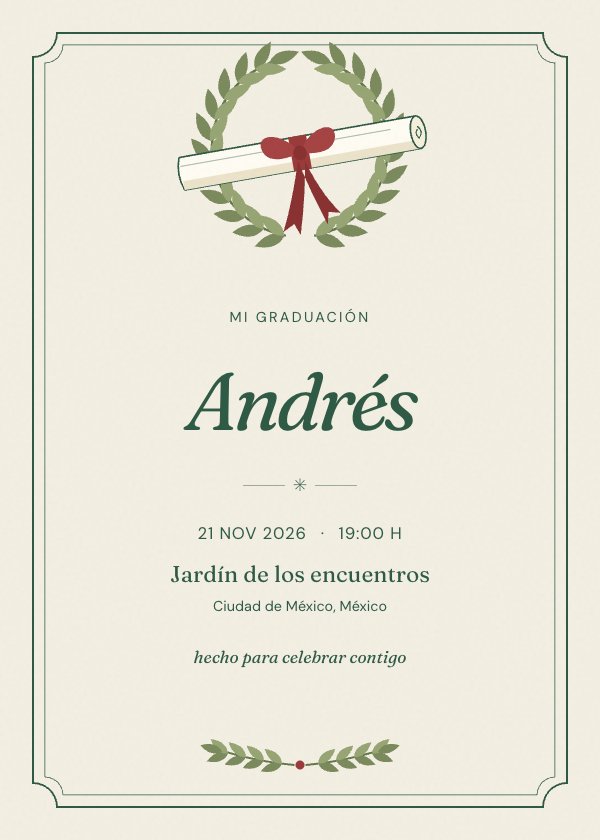 Invitación digital de graduación «Nuevo capítulo»: un diploma con listón y una corona de laurel.