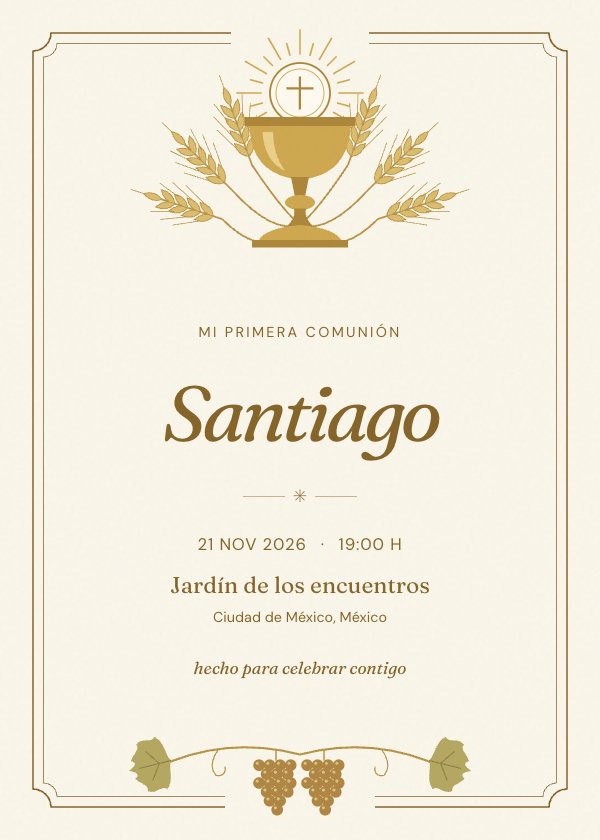 Invitación digital de primera comunión «Pan de vida»: cáliz, espigas de trigo y racimos de uva en tonos dorados.