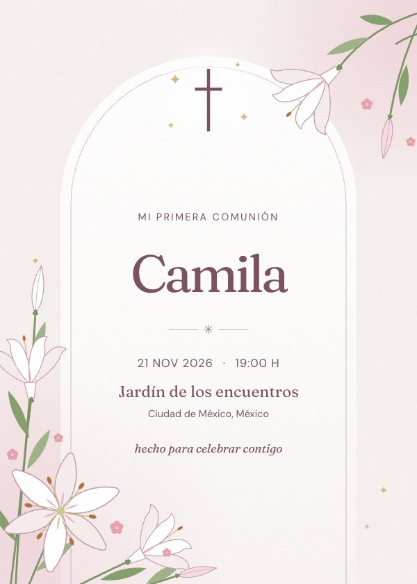 Invitación digital de primera comunión «Flores de fe»: lirios blancos, una cruz sencilla y un toque de rosa.
