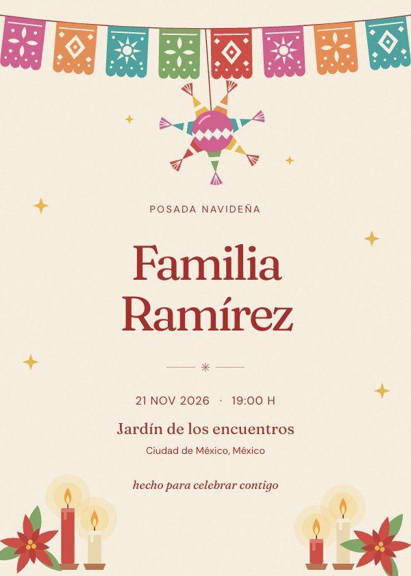Invitación digital de posada navideña «Noche de posada»: papel picado, una piñata de estrella, velas y nochebuenas.